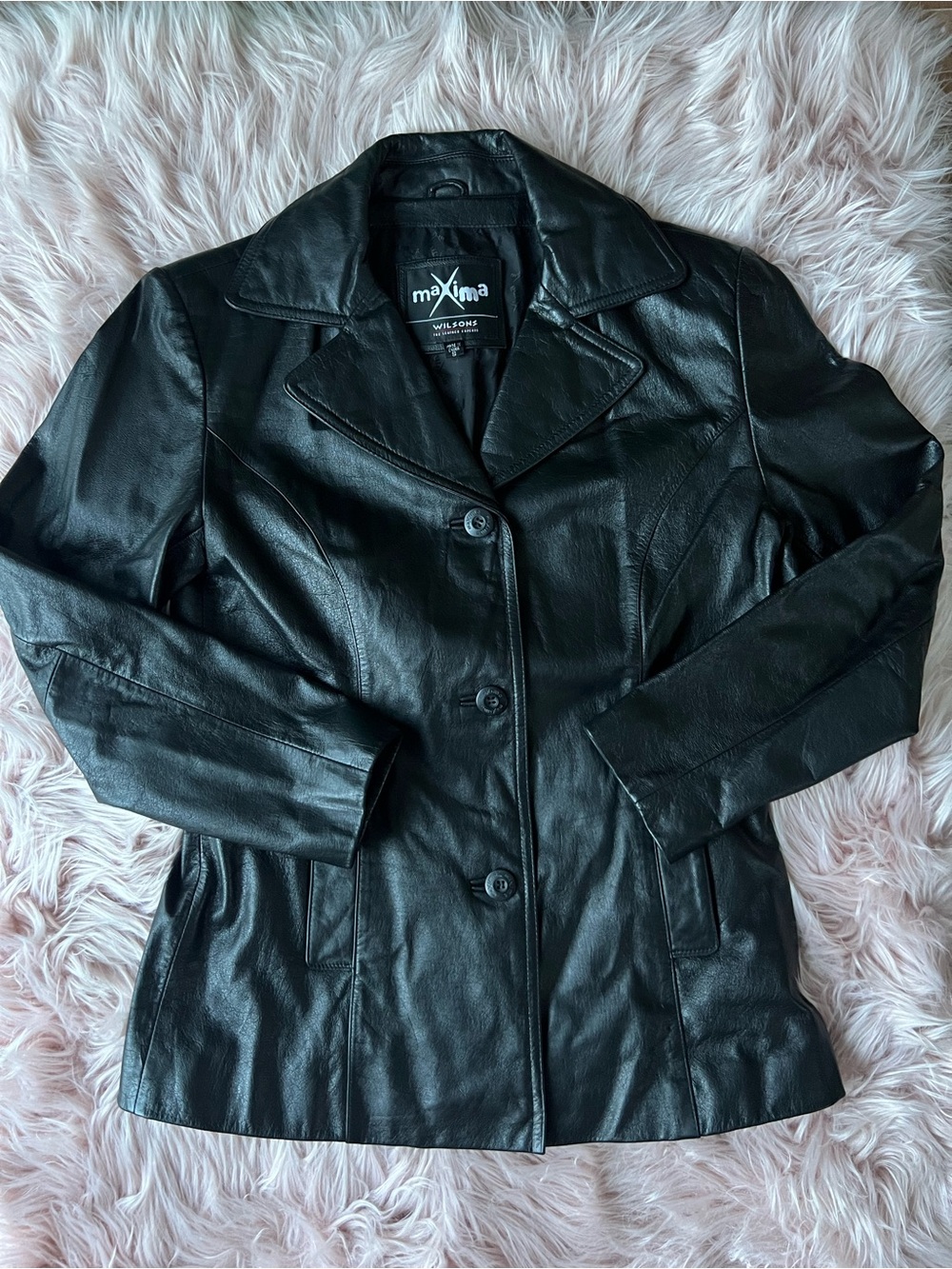 y2k 90s Maxima Black Button-Front 100% Leather Jacket Small